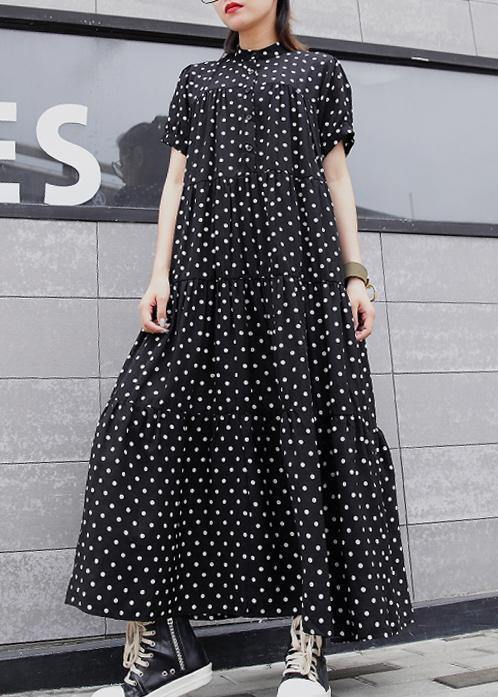 Elegant black dotted cotton clothes For Women stand collar Extra large hem Maxi summer Dresses