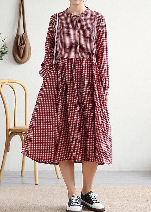 Women red plaid cotton linen clothes o neck patchwork cotton Dresses