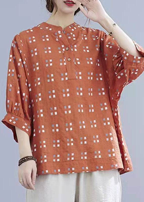 Natural O-Neck Ruffles Crane Tops Design Orange Blouse