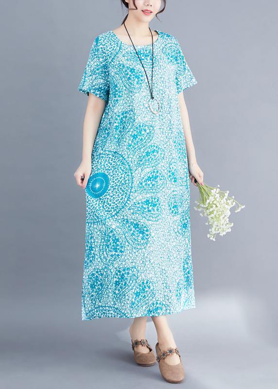 Modern blue print linen Long Shirts Organic Fabrics o neck side open Maxi Summer Dress