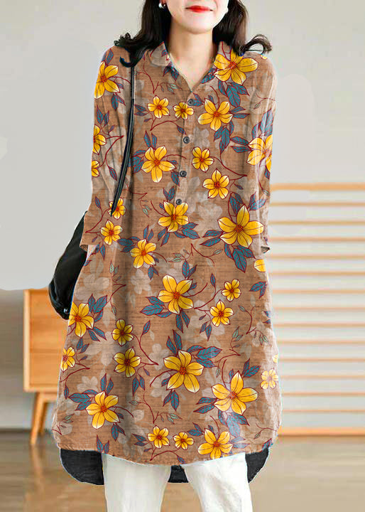 Jade Brown-floral Linen Women Casual Linen Shirt Dress