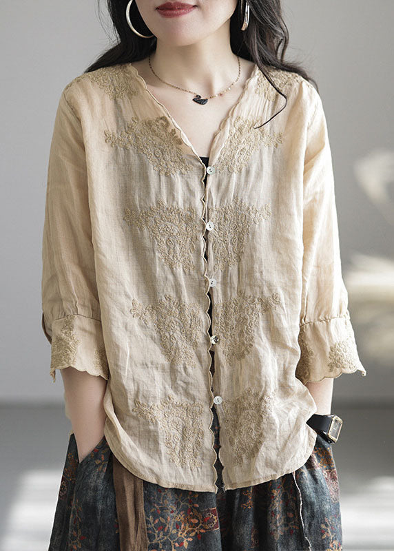 Unique Khaki Embroidered Linen Shirt Half Sleeve