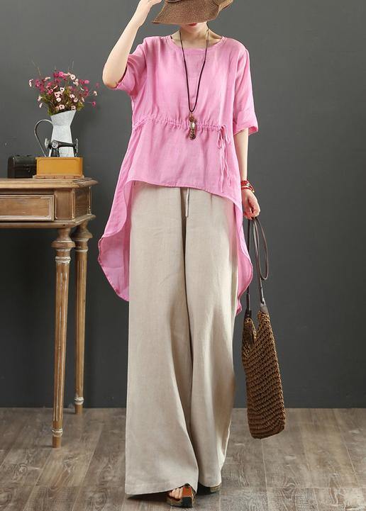 Unique o neck asymmetric linen tops women Wardrobes pink top