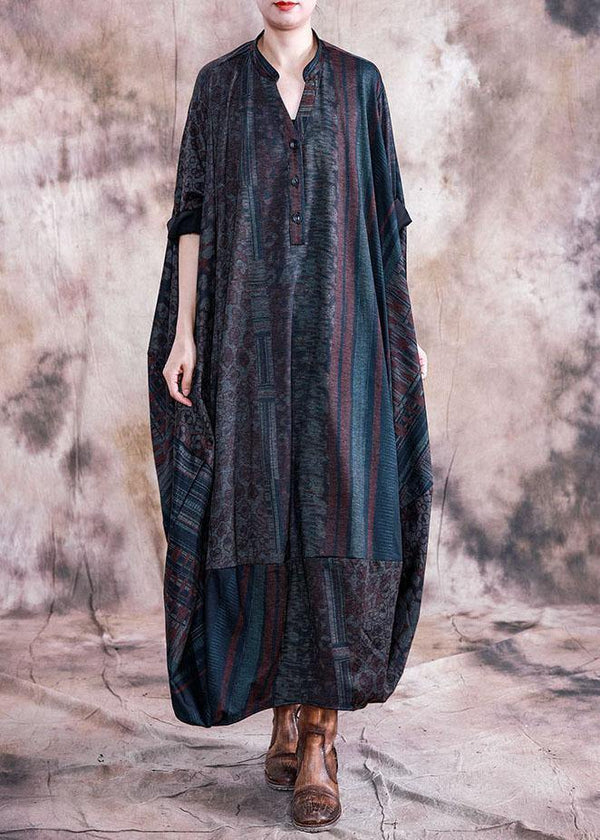 Classy blue print clothes v neck Batwing Sleeve Maxi fall Dresses