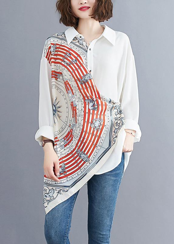 Women white prints blended box top asymmetric baggy summer blouses