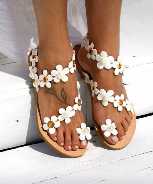 White Flower Faux Leather Sandals Cross Strap Sandals For Women