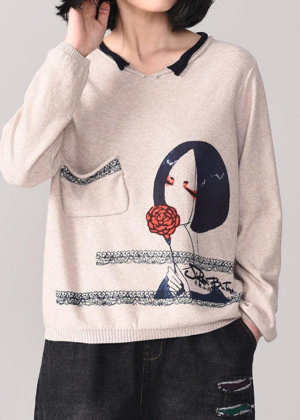 For Work Cartoon print knitted pullover casual beige knitted sweater fall wild