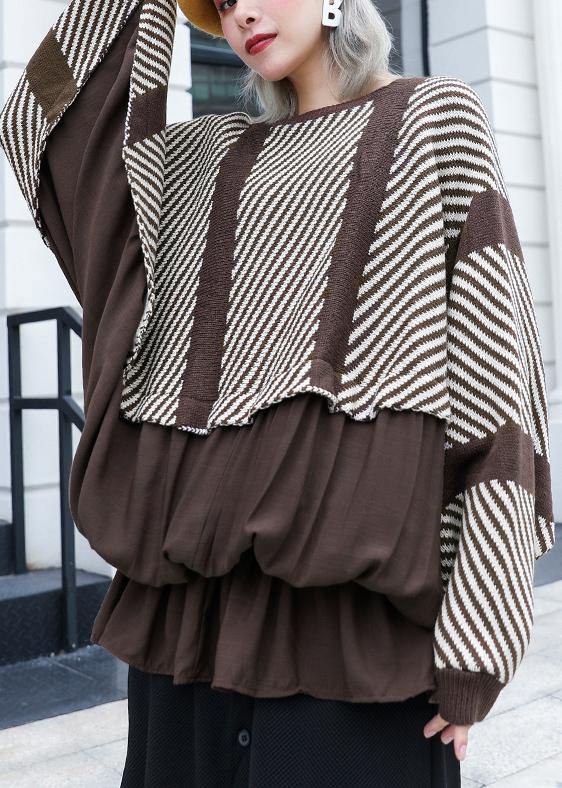 Oversized chocolate striped box top plus size clothing o neck ruffles patchwork knit sweat tops