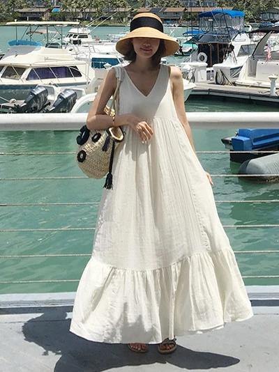 Natural sleeveless patchwork cotton quilting dresses Work white Maxi Dresses