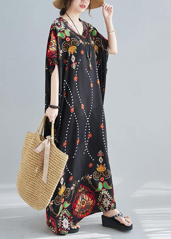 Modern V Neck Spring Clothes Women Wardrobes Black Print Maxi Dress