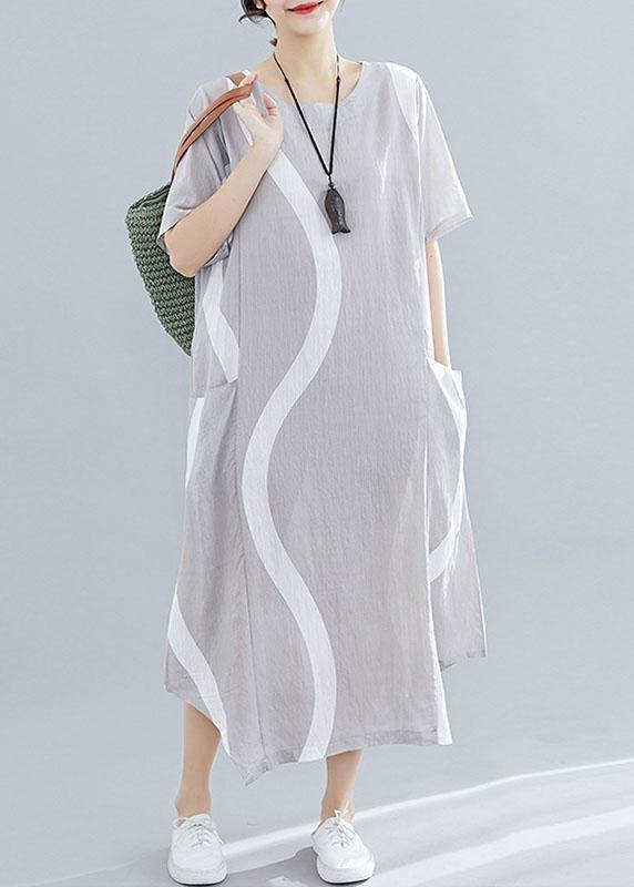 Women o neck asymmetric cotton clothes For Women design light gray striped Maxi Dresses summer