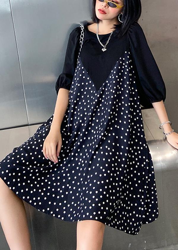 Beautiful patchwork Cotton summer dress Work Outfits black dotted Dress