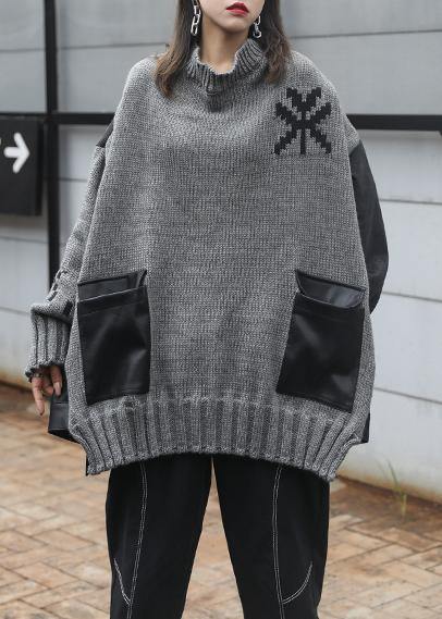 Comfy gray clothes o neck patchwork oversize fall knitwear