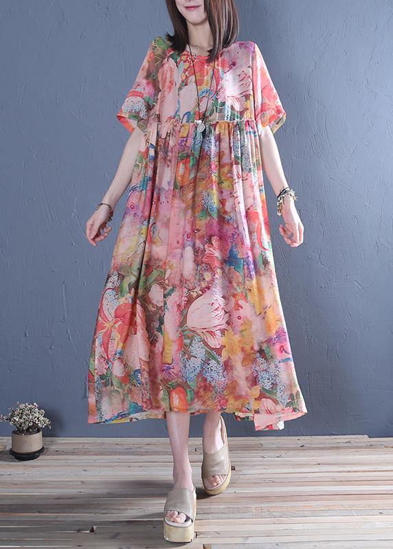 Style o neck Cinched cotton tunic dress Fashion pink print Maxi Dress