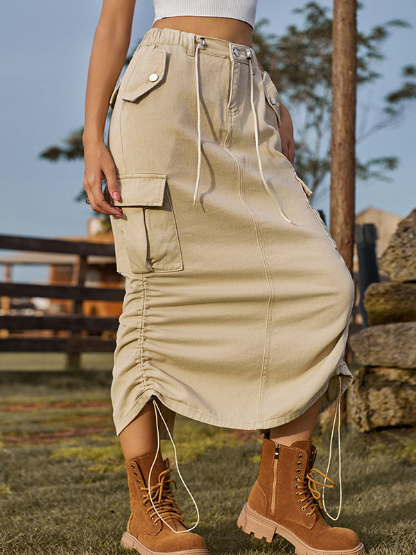 A-Line Loose Drawstring Elasticity Pockets Solid Color Split-Back Skirts Bottoms