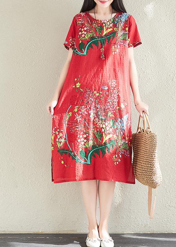 Modern print linen dresses Tunic Tops red Dress summer