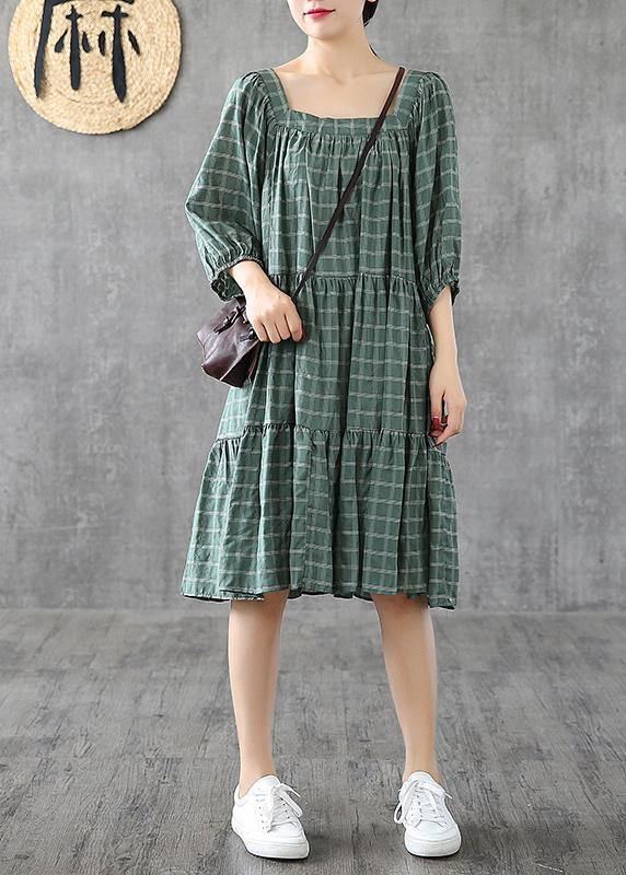 100% green plaid cotton linen Tunic Square Collar patchwork A Lin Dresses