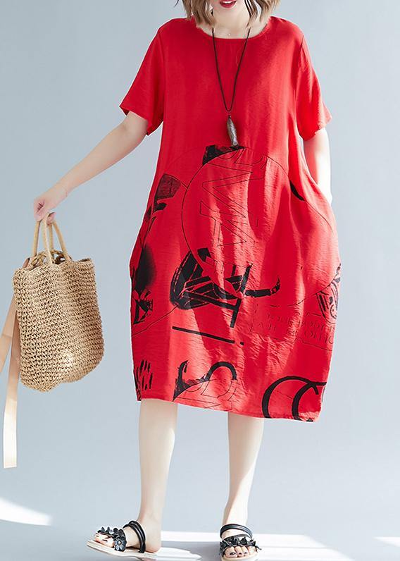 Elegant o neck patchwork linen cotton clothes Women stylish Sewing red print shift Dresses Summer