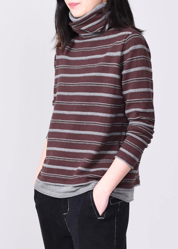 women khaki striped knitted tops oversized high neck knit sweater long sleeve