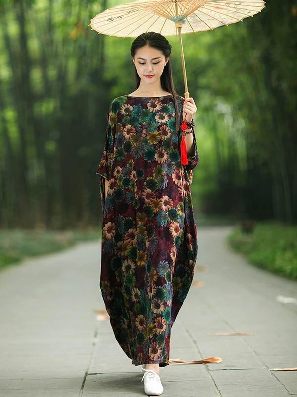 French floral cotton Long Shirts Slash neck Batwing Sleeve Maxi Dress