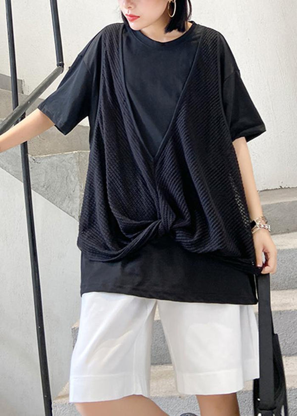 Women o neck cotton shirts black patchwork tulle shirts