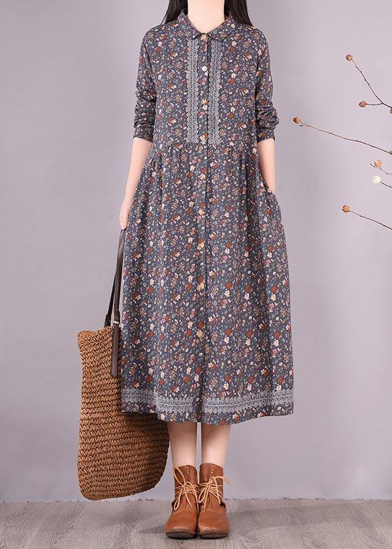 Vivid Blue Print Clothes Lapel Lace Robe Spring Dress