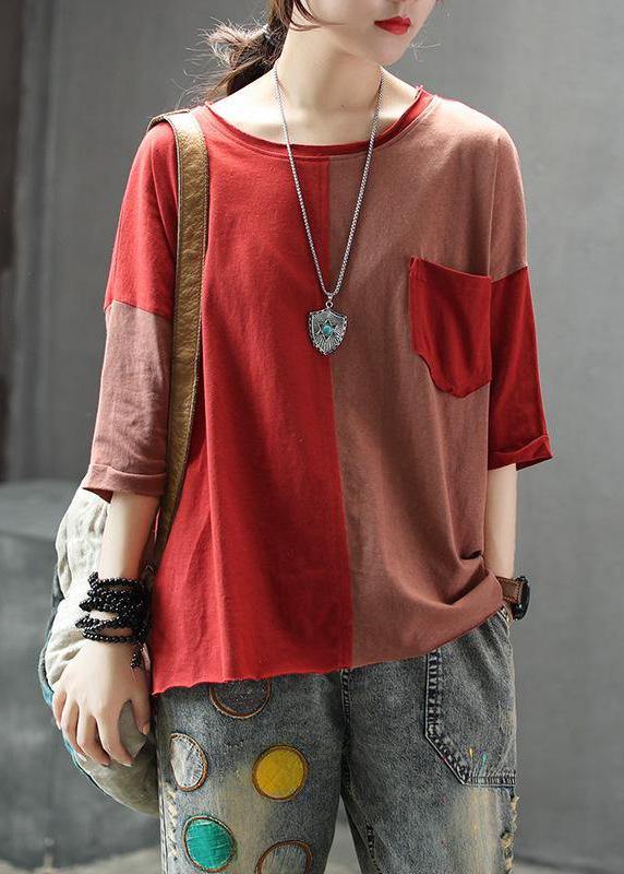 Bohemian cotton tops women stylish Single Pocket Color Matching Casual Blouse