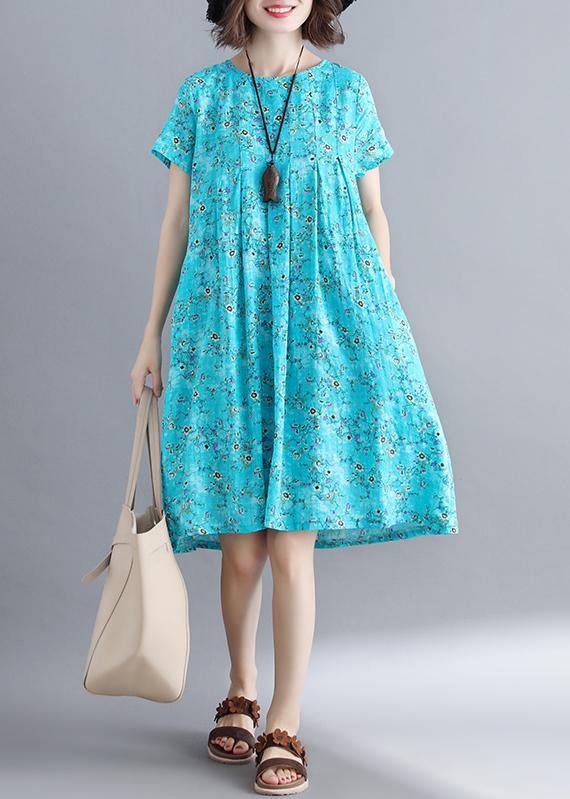 Loose blue floral dresses o neck Cinched loose summer Dresses