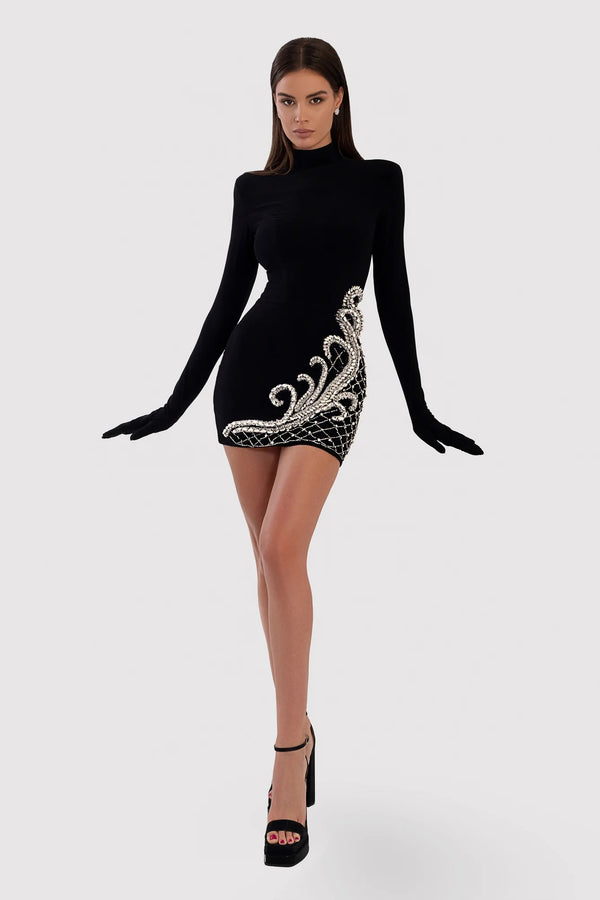 Long Sleeve Crystal Filigree Velvet Dress Black