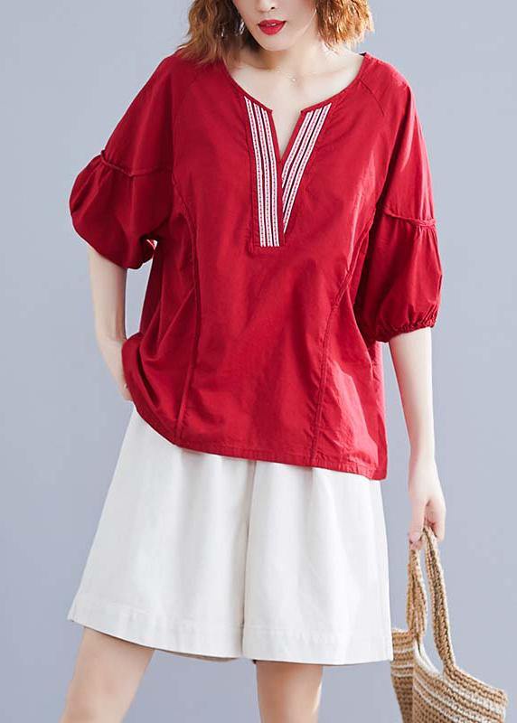 Classy v neck half sleeve cotton Blouse Work red blouse summer