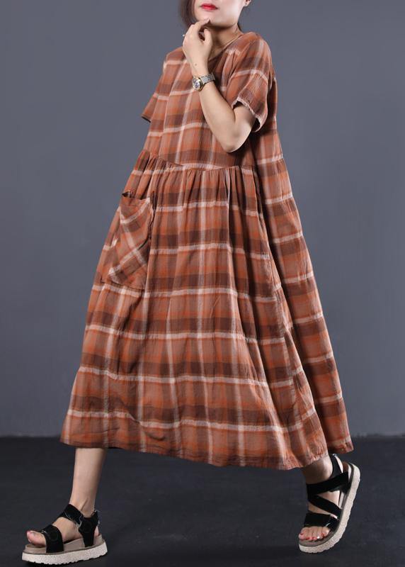 Organic khaki plaid o neck cotton clothes Women big hem long summer Dresses