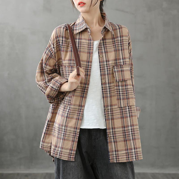 Italian lapel pockets crane tops Sewing khaki plaid blouses