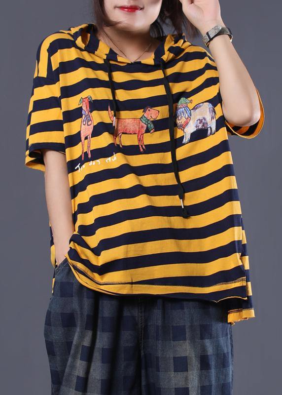 Women Cartoon print cotton top silhouette Neckline yellow striped shirt summer