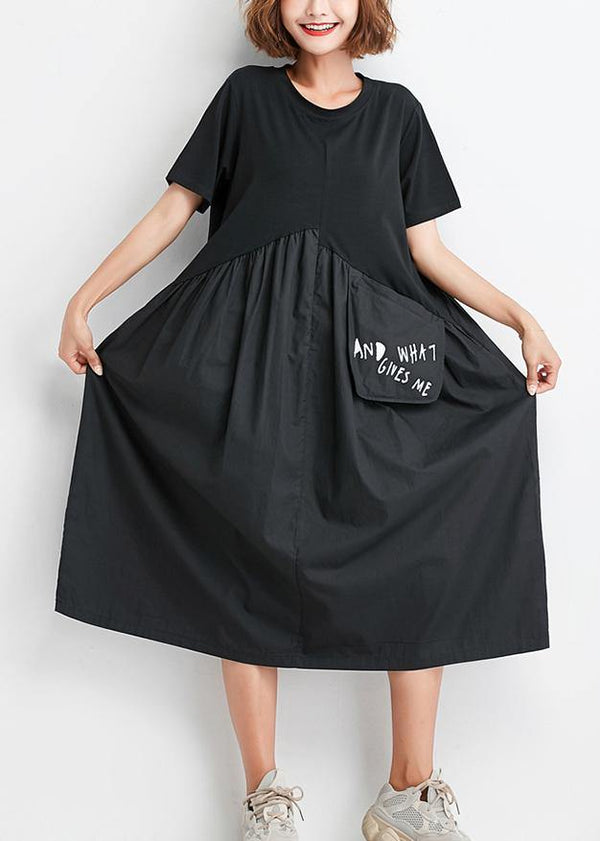 Natural black patchwork Cotton clothes Women big pockets oversized summer Dress