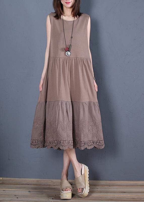 Loose chocolate cotton outfit o neck sleeveless Robe Dresses