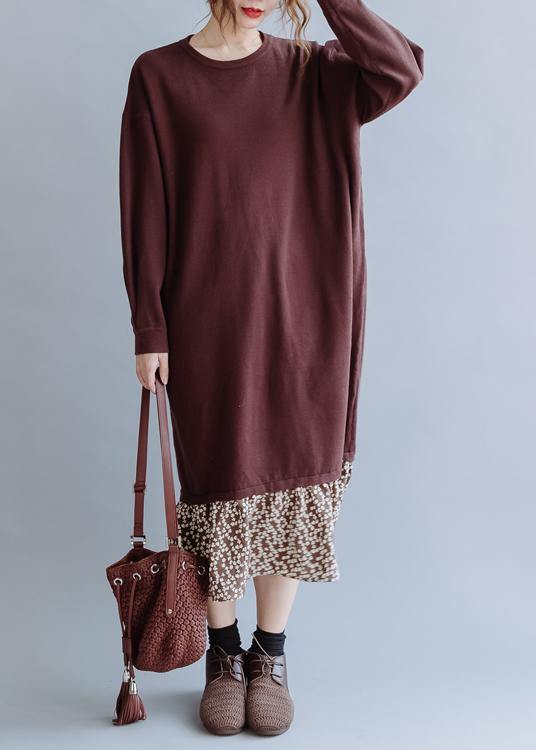 Beautiful o neck asymmetric false two pieces fall clothes For Women Outfits brown loose Dress