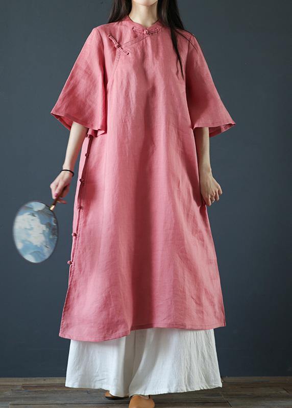 Organic pink linen dresses stand collar Chinese Button Plus Size Dress