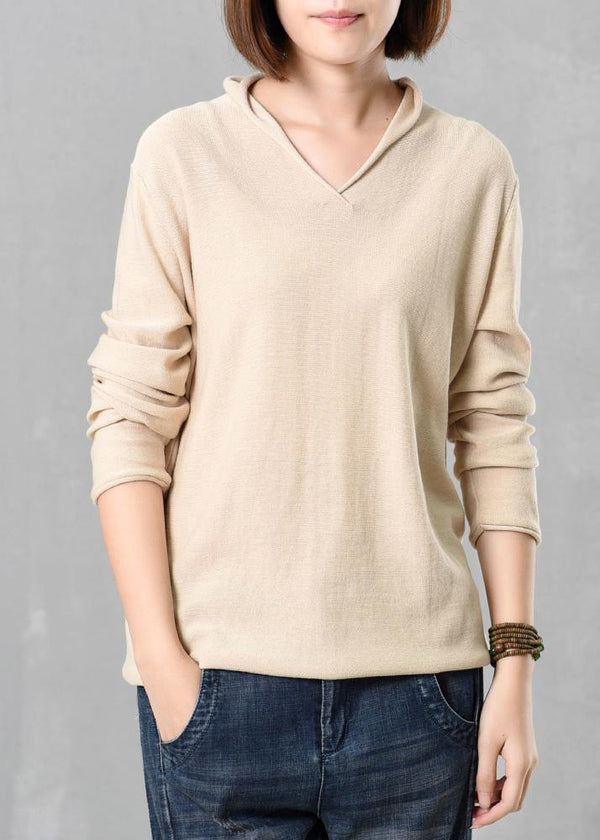 Cozy beige sweater trendy plus size autumn knitted v neck