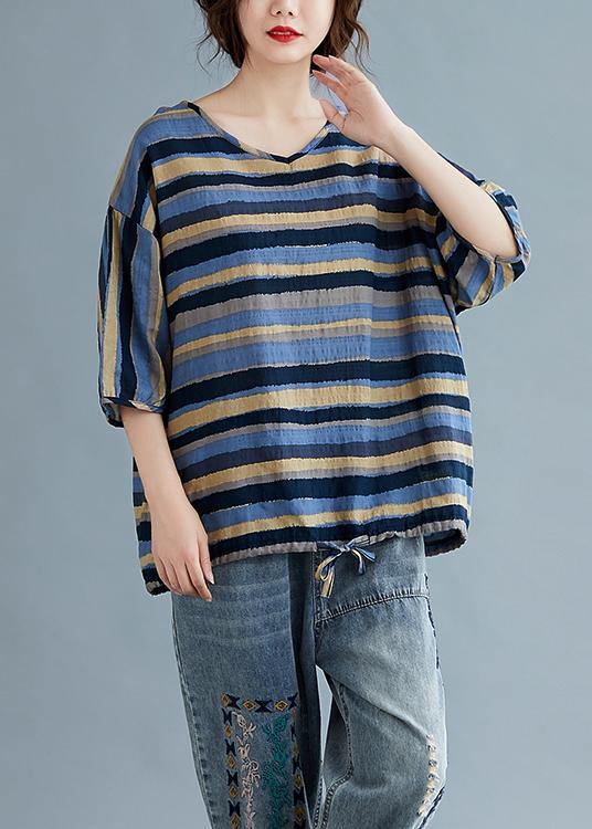 Women v neck cotton summerTunic blue striped tunic top