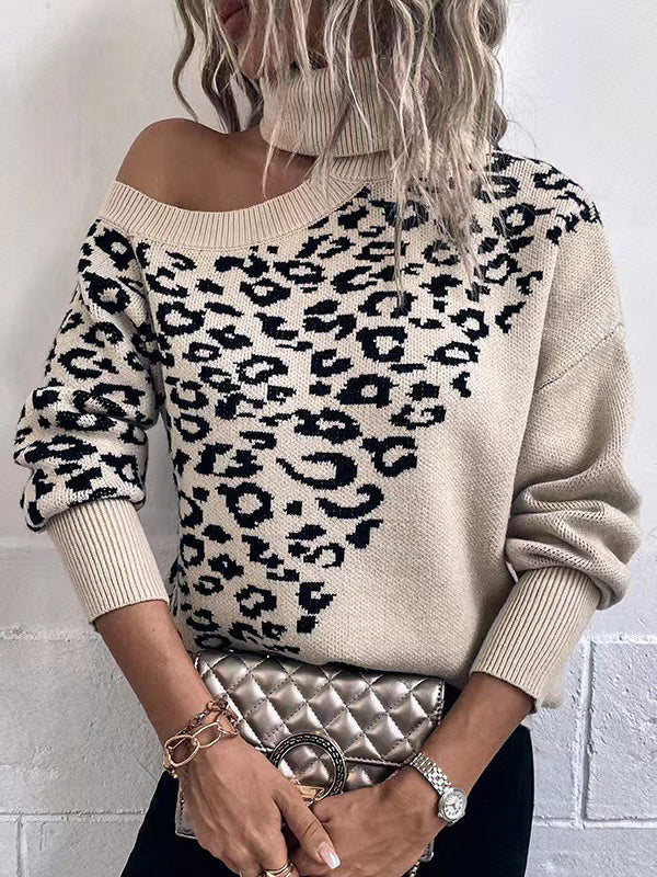 Long Sleeves Loose Hollow Leopard High Neck Knitwear Pullovers Sweater Tops