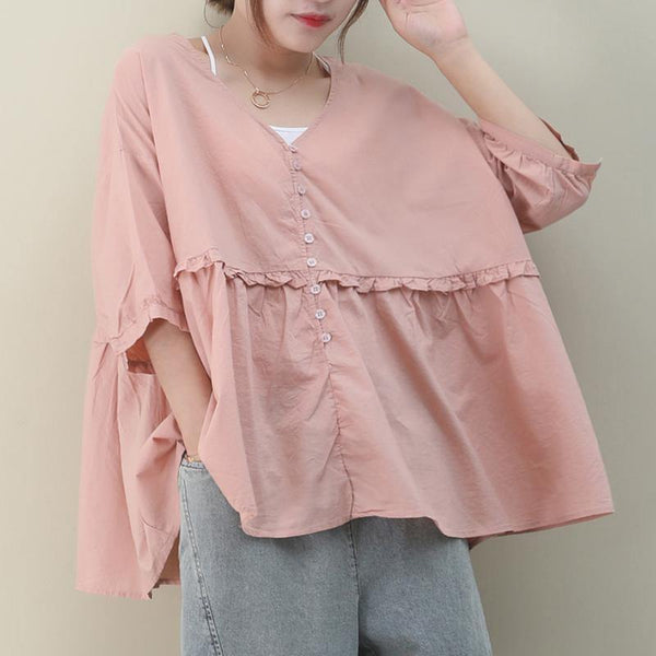 DIY v neck Cinched cotton summer women Tops pink tops