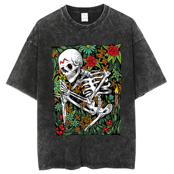Unisex Skull Flower Illustration Printed Retro Washed Short Sleeved T-Shirt