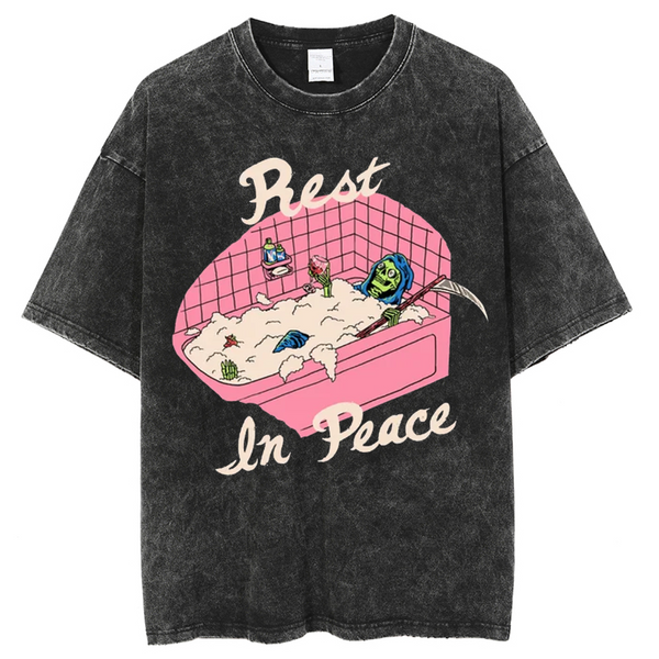 Unisex Rest In Peace Printed Retro Washed Short Sleeved T-Shirt