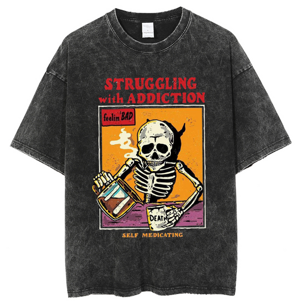 Unisex Struggling With Addiction Skull Illustration Printed Retro Washed Short Sleeved T-Shirt