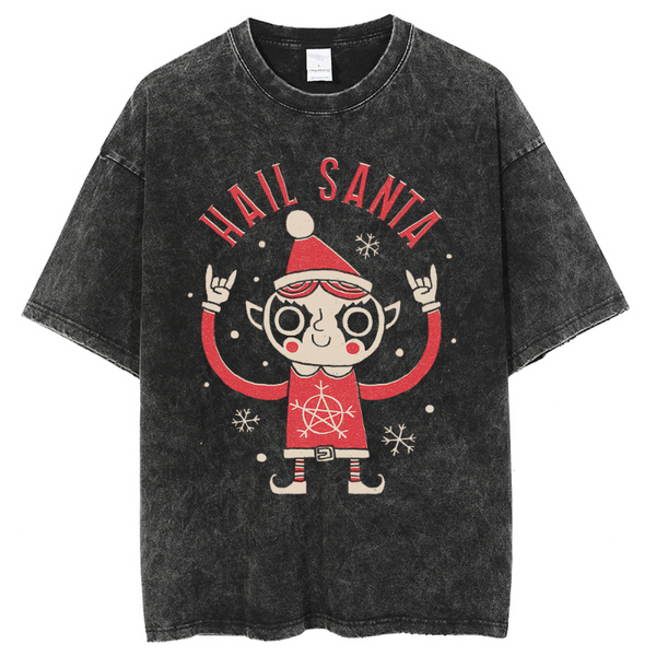 Unisex Hail Santa Printed Retro Washed Short Sleeved T-Shirt