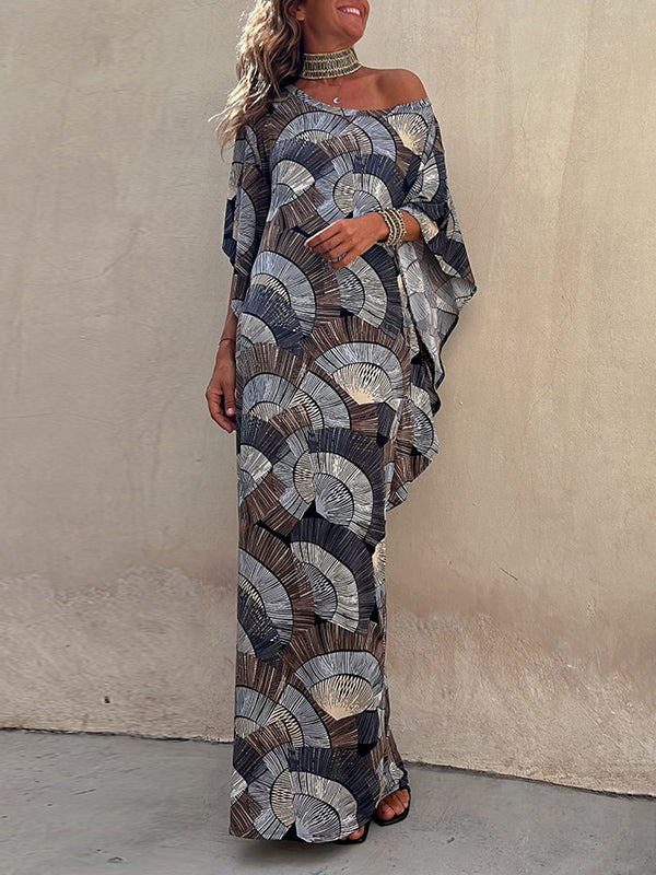 Batwing Sleeves Contrast Color Pleated Printed Maxi Dresses