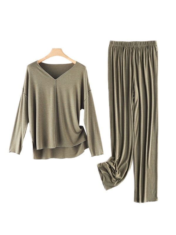 Casual High-Low Solid Color V-Neck Pajama Set