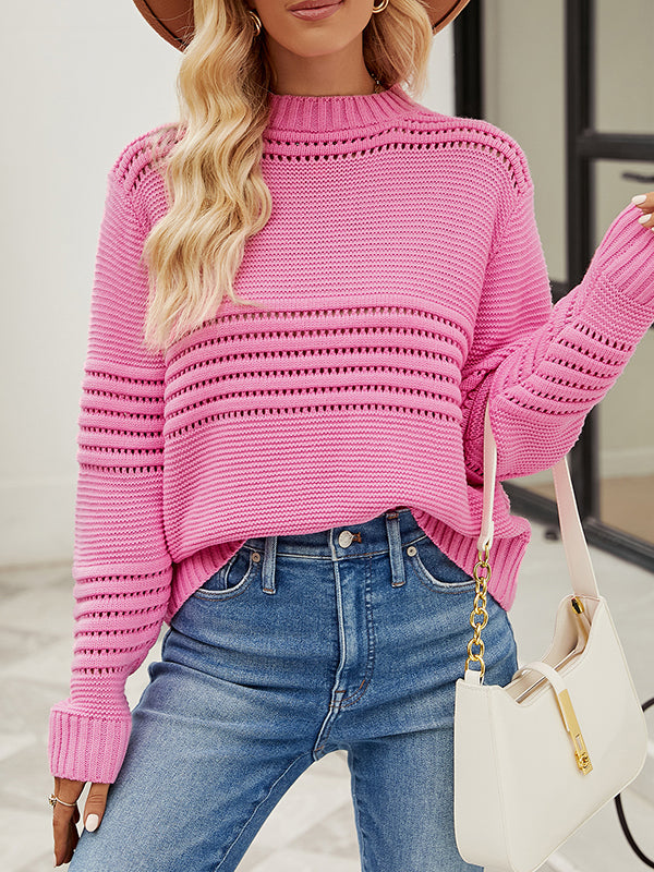 Long Sleeves Loose Hollow Solid Color Round-Neck Knitwear Pullovers Sweater Tops
