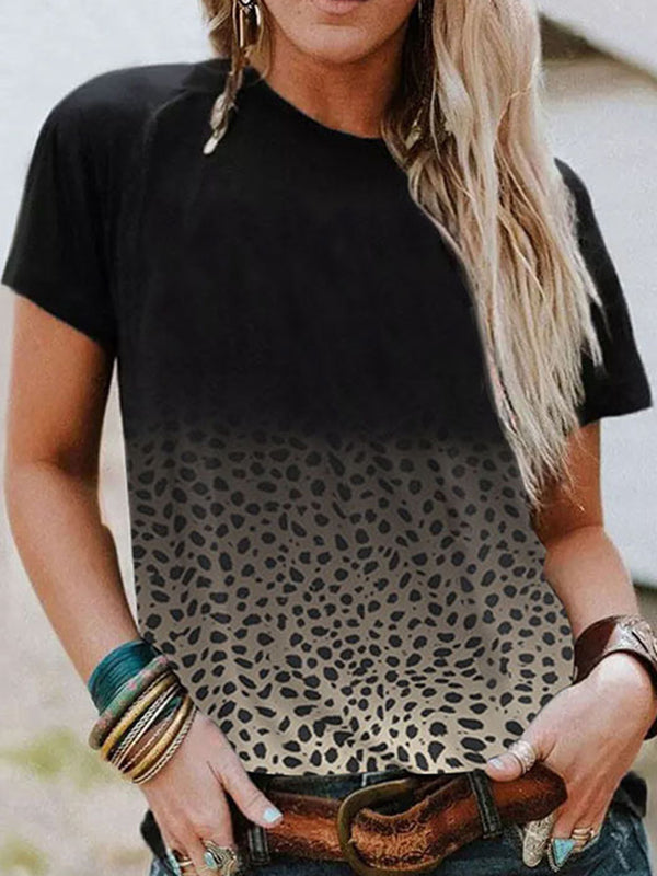 Loose Short Sleeves Gradient Leopard Printed Round-Neck T-Shirts