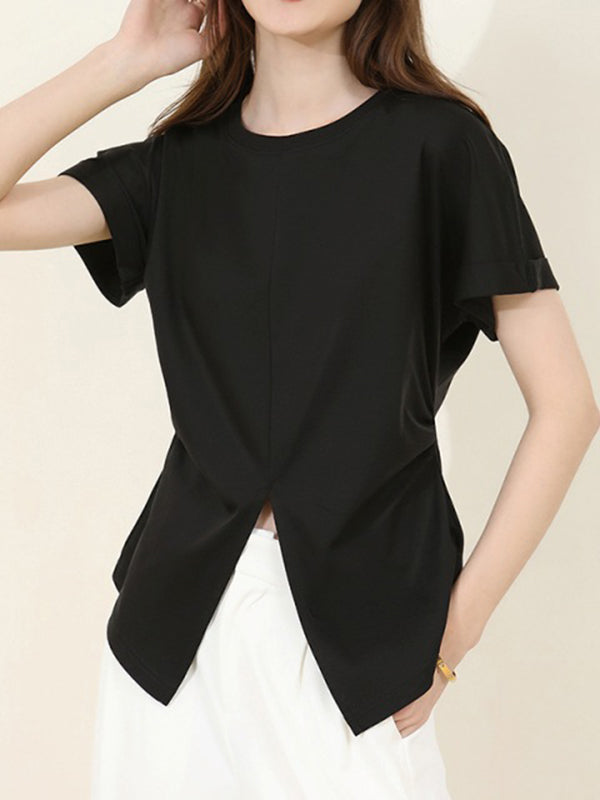 Batwing Sleeves Loose Pleated Solid Color Split-Front Split-Joint Round-Neck T-Shirts
